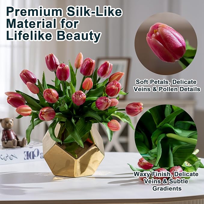 20PCS Fake Tulips Artificial Tulip Silk Flowers Fake PU Bouquet Artificial Flowers Faux Flowers with Gift Box Soft Faux Tulips Bouquets Arrangements for Party Wedding Home