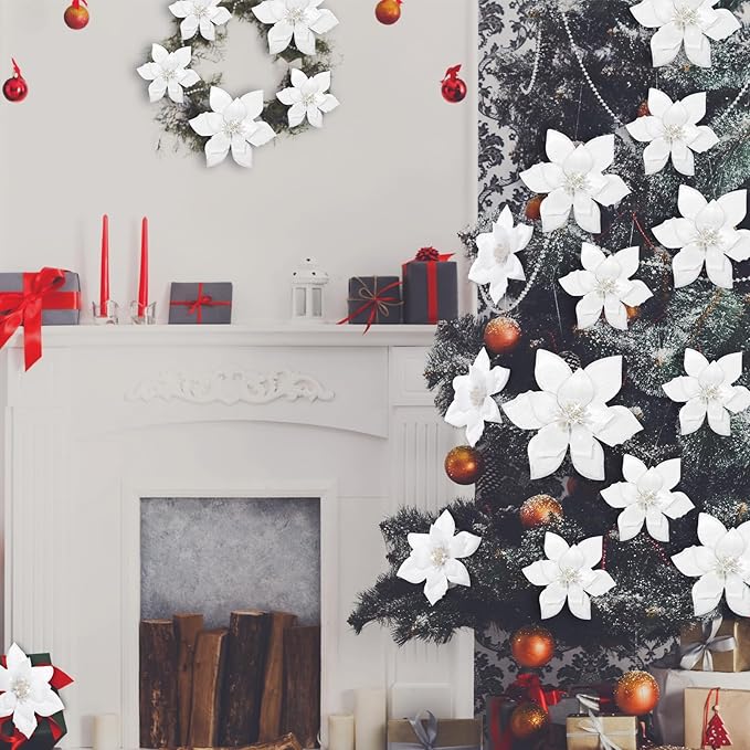 WILLBOND 24 Pcs 3 Size Poinsettia Flower Artificial Christmas Decor Glitter Poinsettia Christmas Ornaments Faux Flowers for Xmas Tree Outdoor(4/6/7.9 Inches,White)