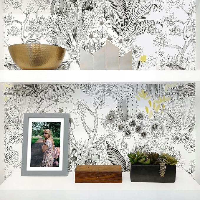 Wudnaye Floral Peel and Stick Wallpaper Vintage Contact Paper 17.7 inch×196.8 inch Gray Flower Wallpapers Self Adhesive Removable White and Black Contact Paper Waterproof for Bathroom Vinyl