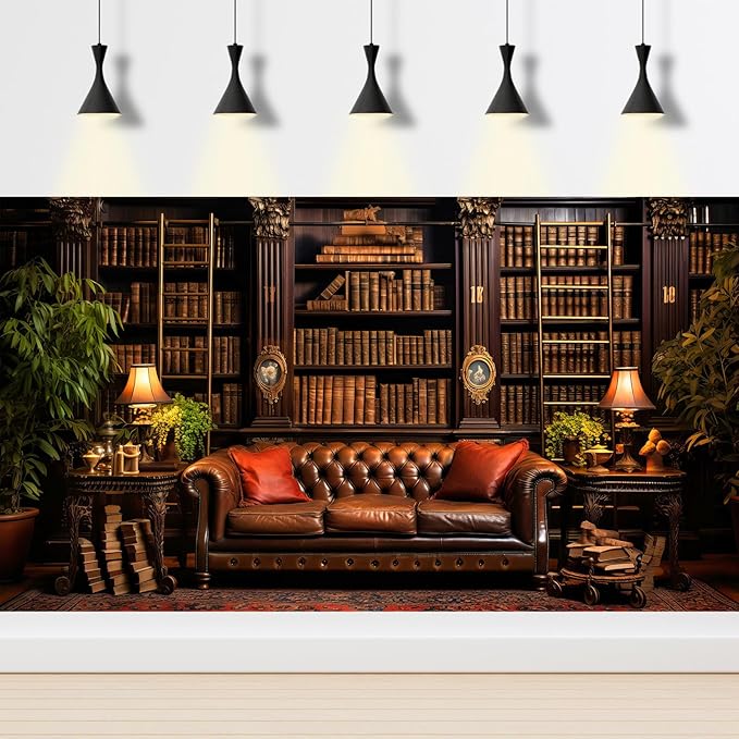 Vintage Luxury Library Bookshelf Backdrop School Library Bookshelf Collection Photography Background Home Office Sofa Business Conversation Room Retro Books Shelves Background Videos Prop 8x6ft