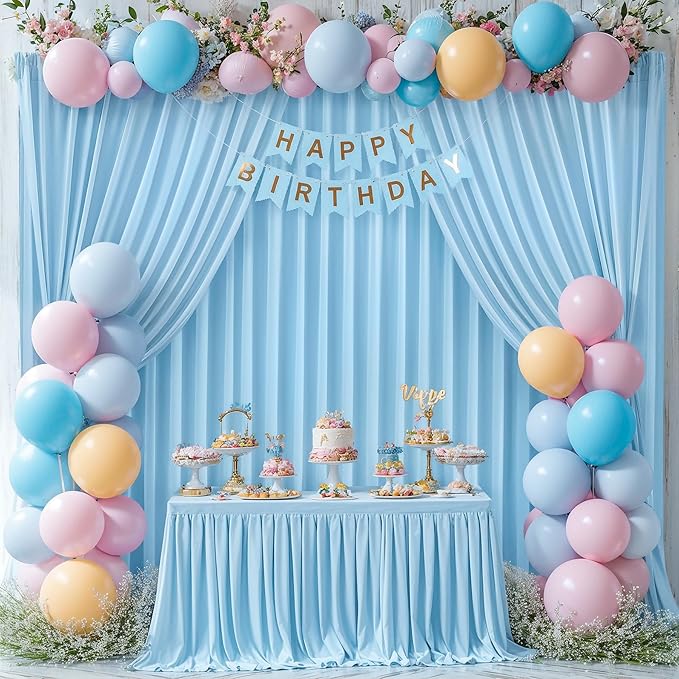 Blue Backdrop Curtains 4 Panels - Wrinkle-Free Light Blue Curtains Polyester Photography Drapes Photo Background for Baby Shower Birthday Party Decorations- 16 X10FT (Blue)