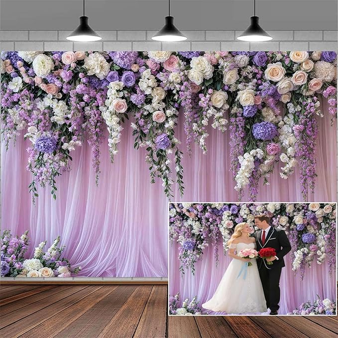 20x10ft Purple Lavender Floral Bridal Backdrop Wedding Flower Photography Backdrop for Girl Portrait Baby Shower Birthday Party Decor Banner Mother's Day Party Wall Backdrop Studio Photo Backgrounds