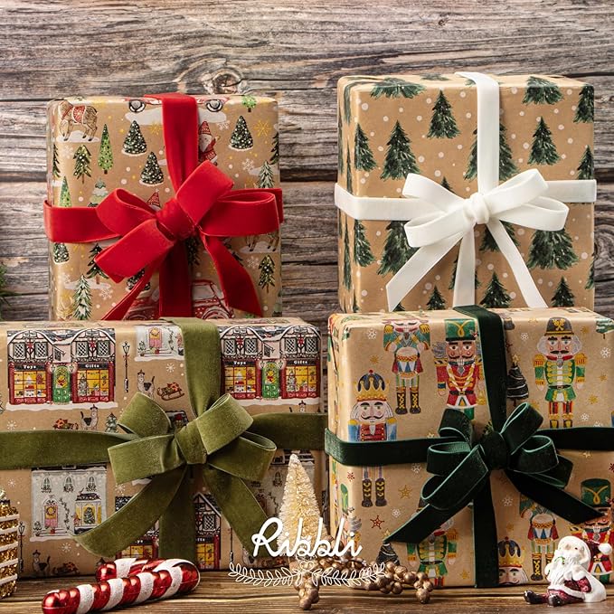 Ribbli Christmas Wrapping Paper 4 Rolls Vintage Kraft Wrapping Paper, 30 Inch x 10 Feet Per Roll, Brown Kraft Paper with Christmas Tree/Santa/Nutcracker/Street Scenes