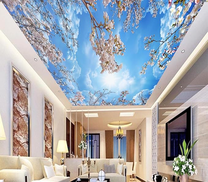 Eierme-NPink Cherry Blossoms and Blue Sky and White Clouds Ceiling Peel and Stick 137" x 102"