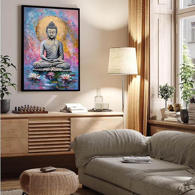 Lotus and golden Buddha meditation tranquil zen wall art mindfulness wall art for spiritual harmony and tranquility decor 16x24in Metal blackFramed