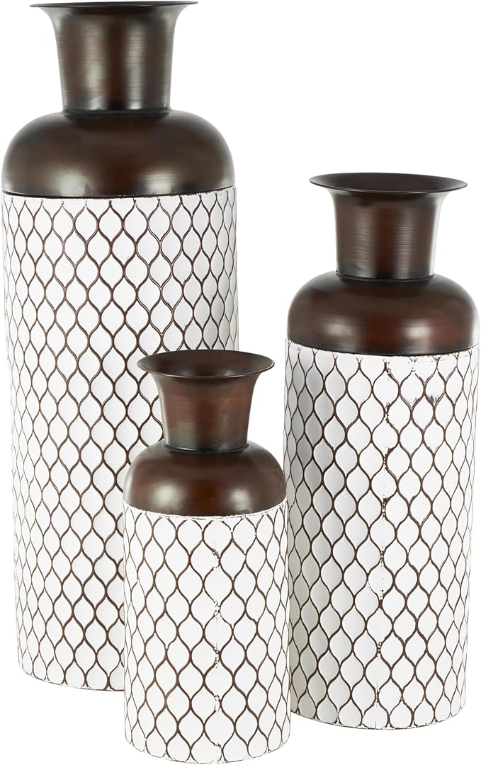 Deco 79 Metal Decorative Vase Tall Trellis Floor Centerpiece Vases with Brown Trumpet Tops, Set of 3 Flower Vases for Home Decoration 52", 39", 27" H, White
