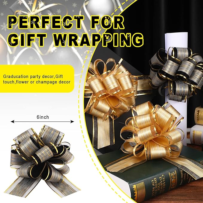 WILLBOND 20 Pieces 6 Inch Pull Bows Gift Wrapping Ribbon Pull Bows for Christmas Wedding Baskets Valentine Multicolor Wrap Accessory for Gift Present Holiday Decor(Black, Gold)