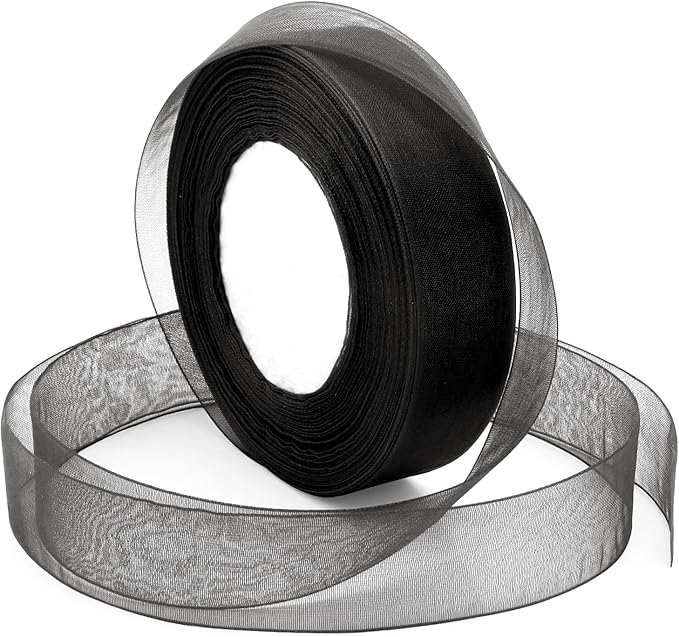 Black Ribbon for Gifts Wrapping, 1 inch 50Yard Sheer Organza Ribbon, Gift Wrap Chiffon Ribbons for Halloween, Fathers Day, Wedding, Party Decoration, Hair, Crafts, Flower Bouquet
