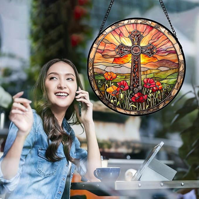 Christian Gifts for Women - Cross Stained Glass Window Hanging Jesus Easter Poppy Sunset Landscape Sun Catcher Garden Religion Decor Mother's Day Catholic Gift for Men Grandma Mom Her 7.8"