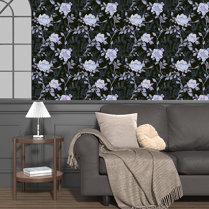 Black White Blue Floral Peel and Stick Wallpaper Flowers Contact Paper 17.5"x118" Self Adhesive Waterproof Vintage Dark Floral Wall Paper for Shelf Liner Cabinet Decor