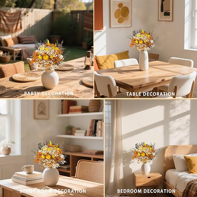 Handmade Dried Flower Bouquet – Natural Orange & Yellow Floral Arrangement with Baby’s Breath, Craspedia, and Eucalyptus – Rustic Boho Style for Home Decor, Weddings, Fall Decor