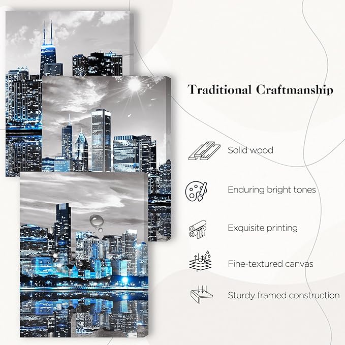 SERIMINO Chicago Skyline Wall Art for Living Room, Modern City Pictures Canvas Wall Decor for Office Bedroom 3 Pieces Set Night Scene Prints Paintings for Home 16"X24"