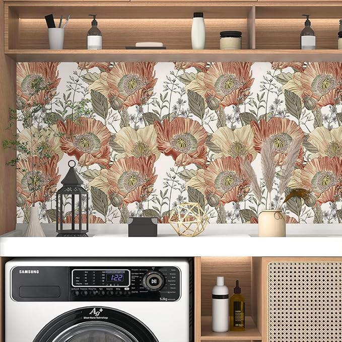 Livebor Floral Wallpaper Peel and Stick Boho Large Floral Peel and Stick Wallpaper Vintage Multicolor Flower Contact Paper 17.7'' x 118.1'' Self Adhesive Wall Paper for Bathroom Wall Covering Decor