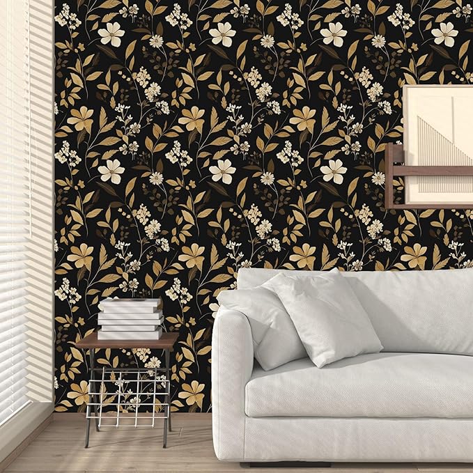 Black Floral Wallpaper Peel and Stick Gold Leaf Contact Paper 17.4" x 118" Boho Wallpaper Waterproof Self Adhesive Wall Covering for Bedroom Countertop Desk Cabinets Decor