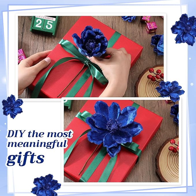 20 Pcs Christmas Glitter Poinsettia Magnolia Flowers Ornaments Large Heads Artificial Magnolia Flowers for Christmas Tree Xmas Wreath Holiday Wedding Decor(Dark Blue)
