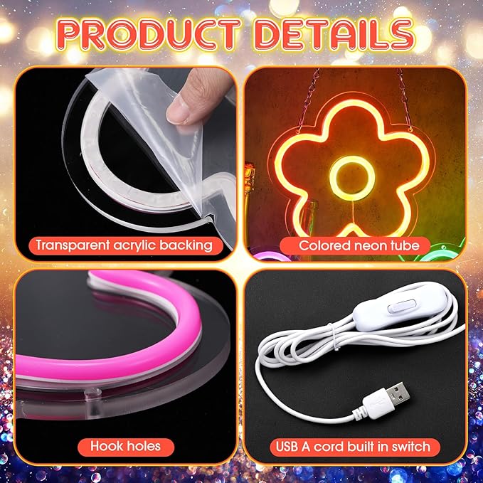 Baquler 3 Pcs Flower Neon Sign Light up Flower Sign Retro Neon LED Lights USB Powered for Wall Decor Window Bedroom Home Girls Birthday Christmas Party Decoration, 9 x 9 Inches(Bright)