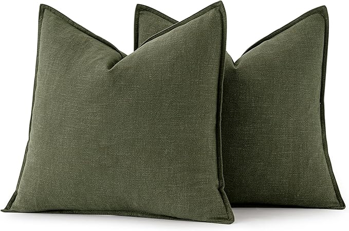 MIULEE Decorative Linen Pillow Covers 16x16 Inch Dark Olive Green Boho Farmhouse Neutral Christmas Couch Throw Pillows for Bed Pack of 2 Accent Modern Pillowcase Sofa Livingroom Home Decor