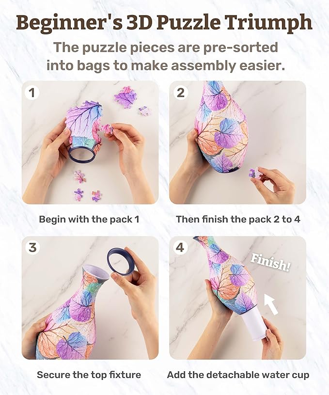 Pintoo 3D Puzzle Vase Unique Flower Vase Made by 160 Curved Plastic Puzzle Pieces House Warming Gift for Flower Arrangements and Home Decoration - [S1025] (Translucent, Magpies on Plum Tree)