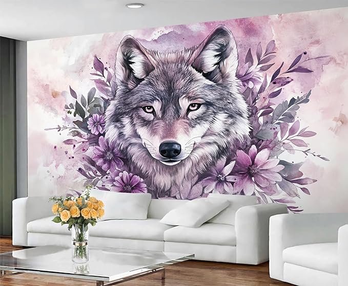 Wolf with Floral Watercolor Wall Mural, Purple Wolf Watercolor Art 3D Wall Murals, Art Flower Painting Wallpaper Mural, for Living Room Bedroom Large Wallpaper Indoor Decor 118" W x 82.6 "H