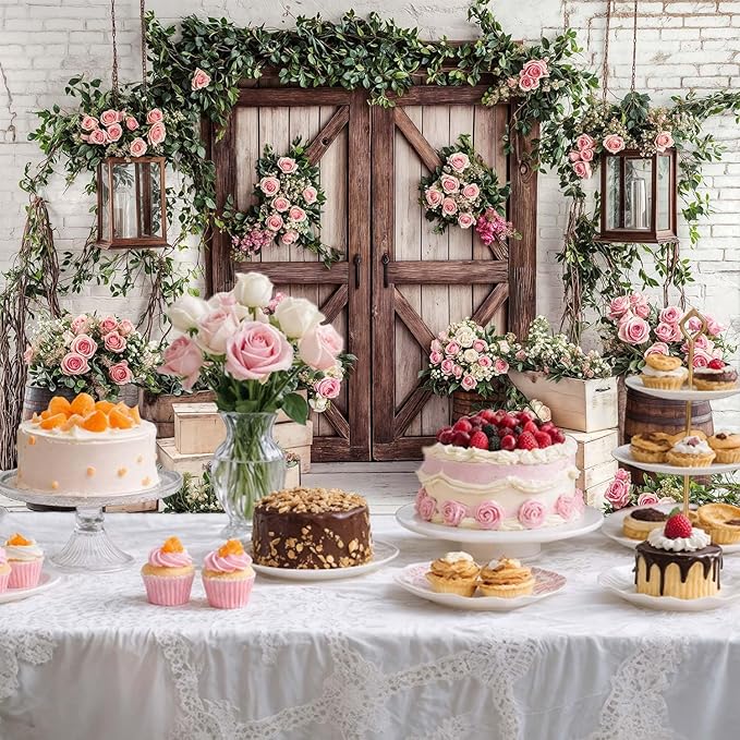 12x10ft Country Wedding Photography Backdrop Floral Rustic Roses Farmhouse Wooden Door Backdrop Pink Flower Birthday Baby Shower Wedding Bridal Party Banner Photo Booth Props Anniversary Background