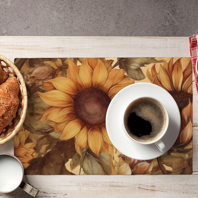 Placemats 4 pcs Sunflower Double-Layer Imitation Linen Place Mats Non-Slip Heat-Resistant Tablemats for Home Restaurant Hotel 18×12 Inch