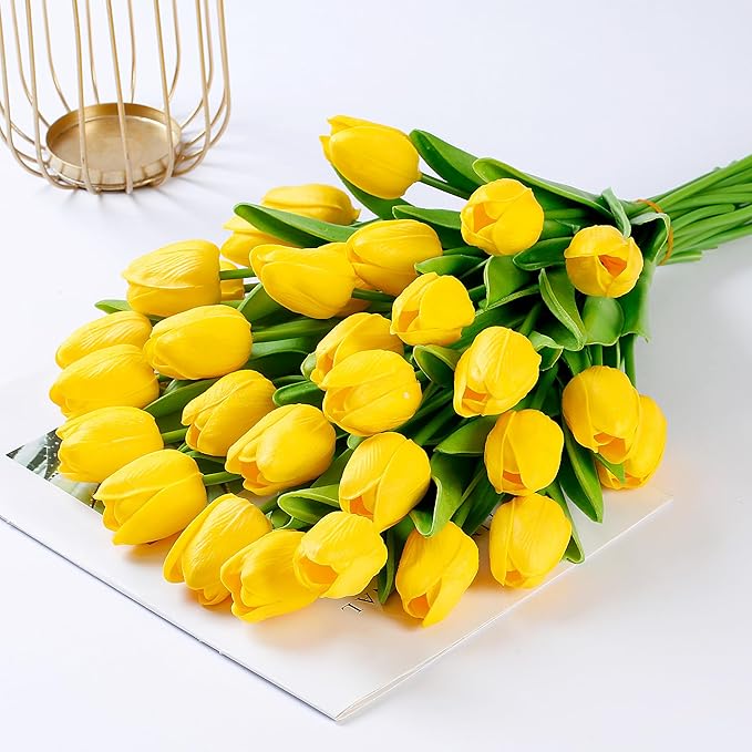 Sggvecsy 15 Pcs Fake Tulips Artificial Flowers Real Touch PU Faux Flowers Tulip Stems for Wedding Spring Bouquet Floral Arrangement Home Party Office Decorations for Mother's Day (Dark Yellow)