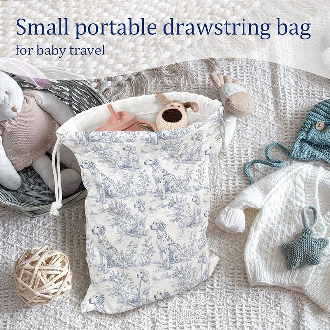 DSHFG Blue Chinoiserie Birthday Drawstring Gift Wrap Bags, Chinoiserie Dog Baby Shower Drawstring Gift Bags Canvas, Blue and White Small Happy Birthday Bag, Gifts for Women Dog Lovers, 10x13 Inch