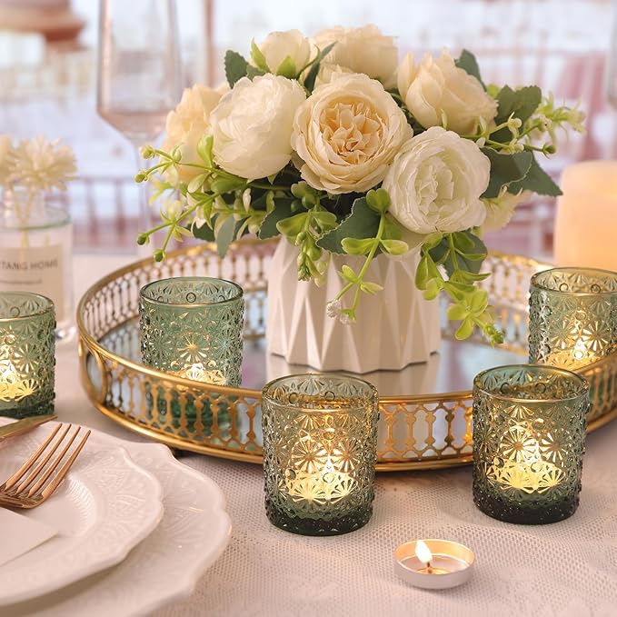 Green Votive Candle Holder Set of 12, Flower Tea Lights Candles Holders for Wedding Table Decor, Birthday Parties, Vintage Home Decor, Bridal Shower and Holiday Decorations