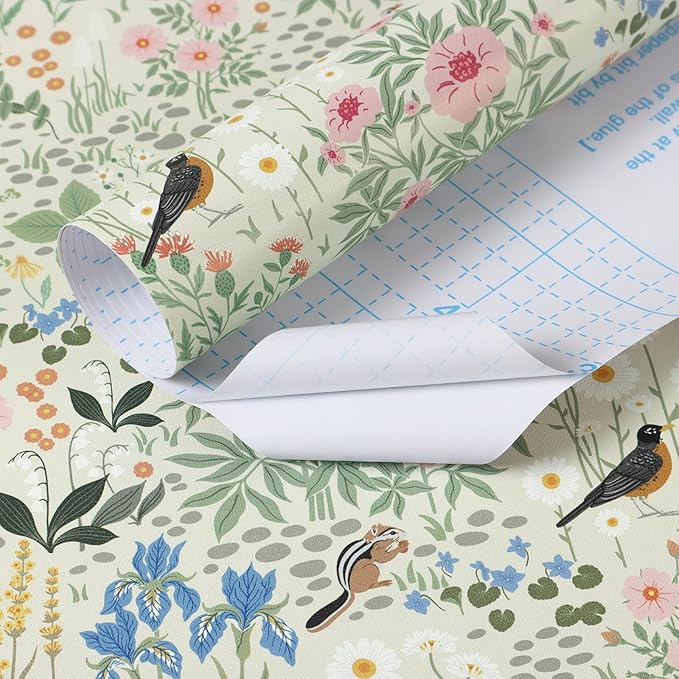 Heroad Floral Peel and Stick Wallpaper Light Green Wallpaper Boho French Country Contact Paper Cat Birds Removable Self-Adhesive Wall Paper for Bedroom Kitchen Cabinets Decoration Vinyl 17.3”x78.7”