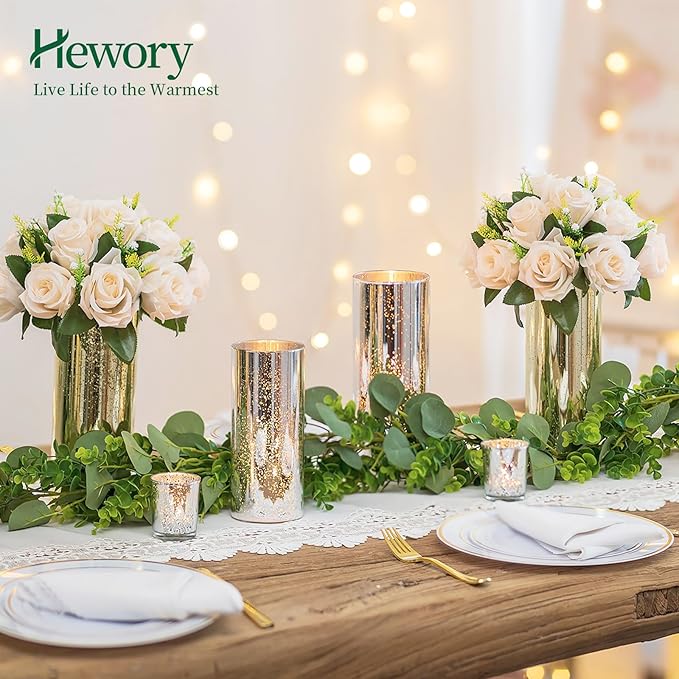 Glass Cylinder Vases Set of 24, Hewory Glittery Gold Vase for Centerpieces, Glass Hurricane Candle Holders for Pillar Floating Candle, Tall Round Vase for Wedding Anniversary Events Home Table Decor