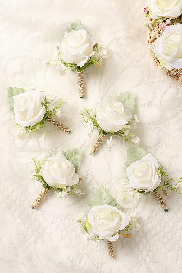 White Rose Boutonnieres for Men Wedding Ivory Baby's Breath Boutonniere for Best Men Groom Groomsmen Wedding Prom Homecoming Set of 6