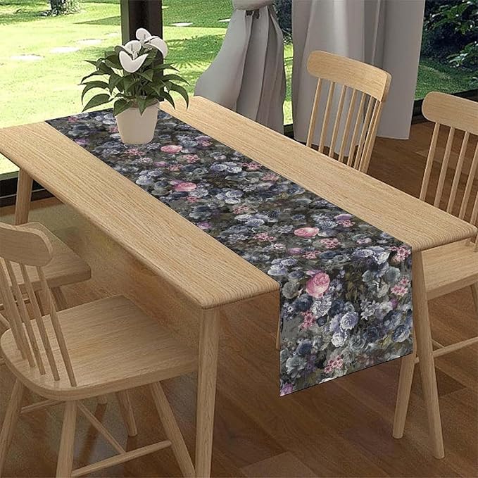 Vintage Floral Table Runner, Gothic Pink Blue Floral Boho Flower Garden Botanical Spring Seasonal Print Table Center Decor for Family Kitchen Table Decorations Indoor Outdoor 13x72 inch