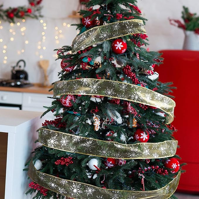 2.5 Inch Wide Christmas Wired Ribbon Snowflake Organza Sheer Glitter Ribbon for Xmas Tree, Wreath, Party Decoration, Gift Wrapping (Golden, 10.9 Yards)