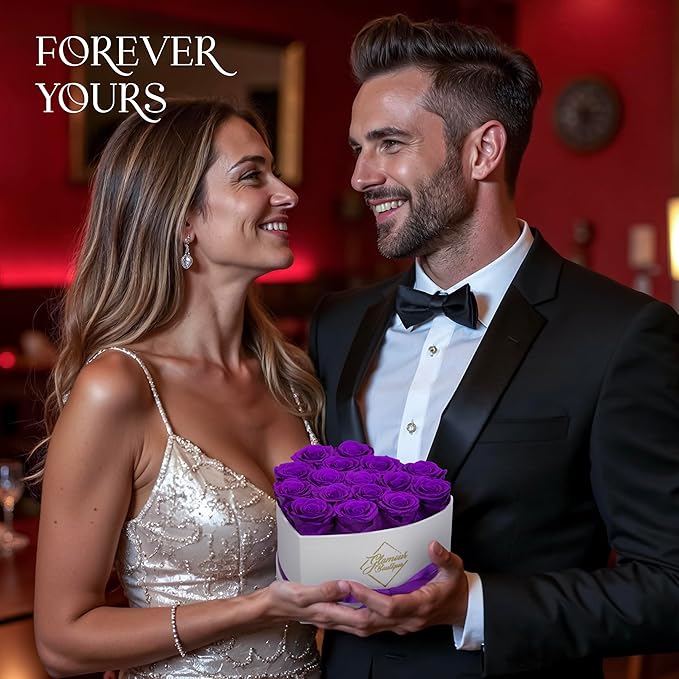 GLAMOUR BOUTIQUE Preserved Roses in a Box - Gifts for Her, Wife & Mom, Rose Flowers Forever Decor for Birthday Gift, Get Well Flower Bouquet Cased in White Box with Cover - Purple - 16-Piece