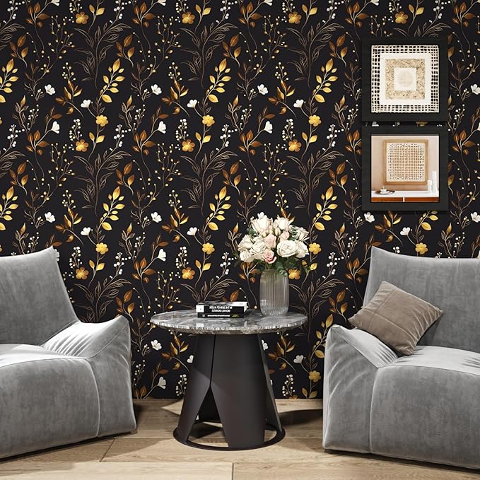 Black Floral Wallpaper Peel and Stick, Dark Gold Vintage Flower Contact Paper, Golden/White Botanical Wall Paper Self Adhesive Waterproof Removable for Room Cabinet Drawer Table Decor 17.5" x 118"