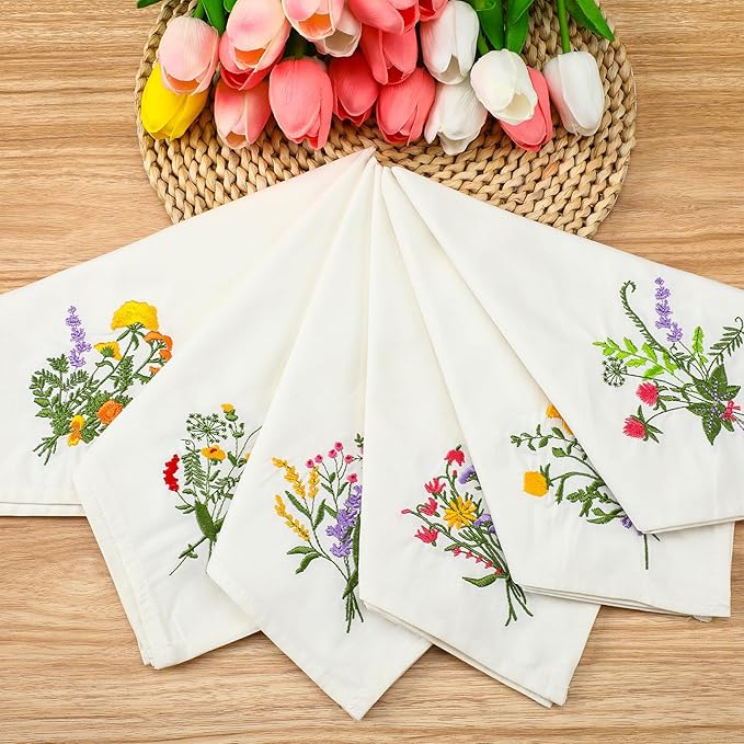 Tioncy 18 Pcs Christmas Floral Cloth Napkins Decorations Bulk Embroidered Wildflower Dinner Napkins Tea Cocktail Party Gifts Xmas Stocking Stuffers for Holiday Table Decor (White)