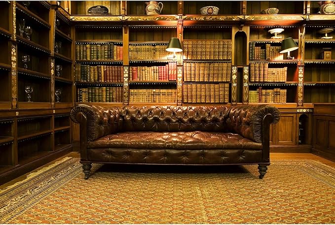 Library Backdrop Vintage Luxury Old School Library Bookshelf Collection Photography Background Business Room with Leather Sofa Book Shelf Wallpaper Decorations for Adult Photos Prop 10x6.5ft
