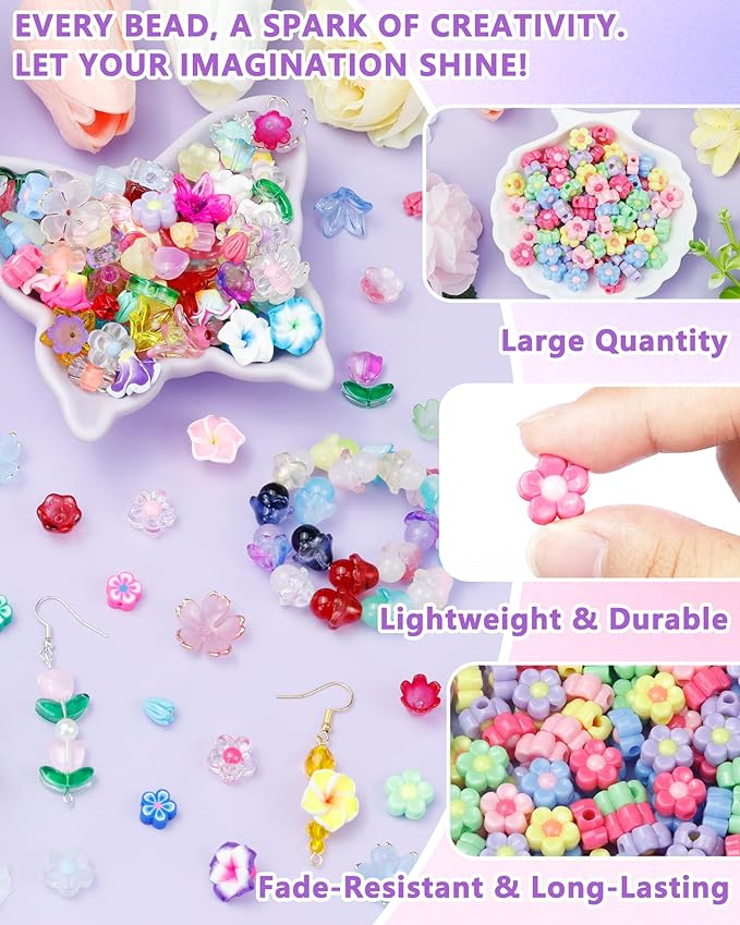 FIVEIZERO 200PCS Acrylic Flower Beads for Bracelets, Solid Color Five Petal Bead Charms for DIY Jewelry Making, Necklaces & Craft Supplies