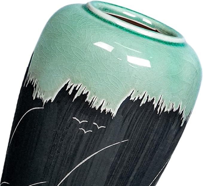 Black and Green Vase, 8 Inch Green Ceramic Vase with Textured Crackle Glaze, Modern Farmhouse Vases for Home Decor, Rustic Centerpiece for Living Room, Bathroom