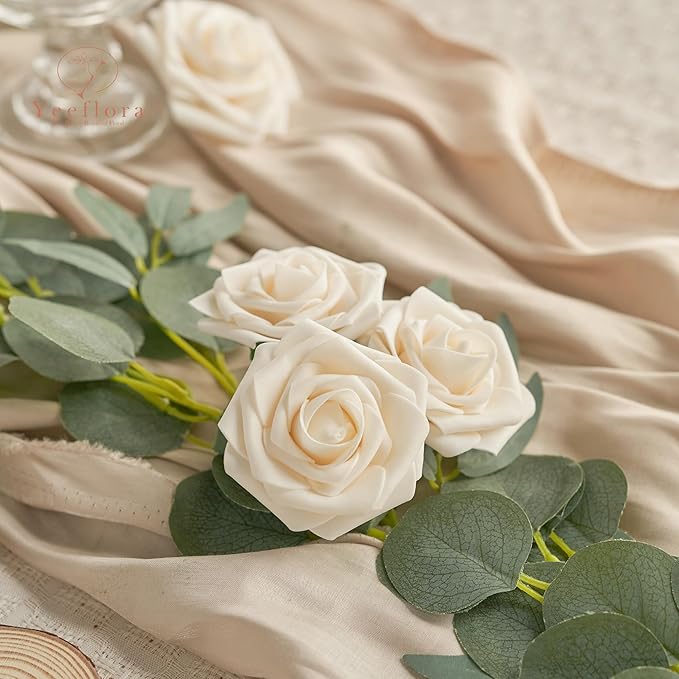 Artificial Flowers, 100pcs Artificial Rose for DIY Wedding Bouquets Centerpieces Arrangements, Champagne Foam Rose with Stem for Bridal Shower Party Home Decorations