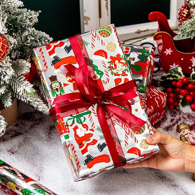 MAYPLUSS Christmas Nutcracker Wrapping Paper - 17 Inch X 33 Feet - Metallic Silver Christmas Tree Santa Claus Candy Cane Reversible Snowflake Gift Wrapping Paper for Holiday Party New Year Kids