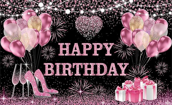 YinQin 180x120 cm Pink Golden Happy Birthday Backdrops Cloth 71x47 inch Bday Party Photography Backgrounds Glitter Black Rose Golden Happy Birthday Sign Banner Decoration for Women Girl