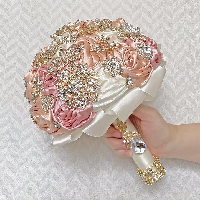 Handmade Satin Rose Floral Bling Pearl Decor Bridal Wedding Bouquet Rhinestone Pendant Artificial Brooch Flowers for Bride Bridesmaid Quinceanera