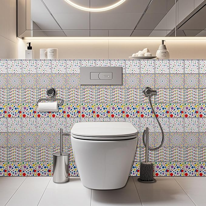 CHGCRAFT 36 Pcs 4 Style Wall Stickers Polka Dots Peel and Stick Wall Tile Sticker Colorful Wave Dot Pattern Waterproof Self Adhesive Stick on Tile Decals for Kitchen Bathroom Art Decor, 4×4 Inch