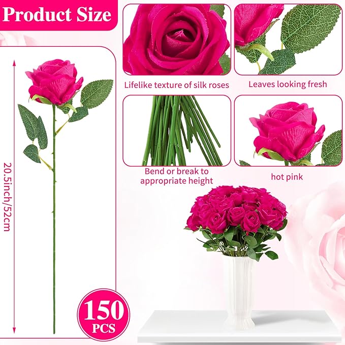 150 Pcs Roses Artificial Flowers, Silk Hot Pink Artificial Flowers Petals Long Stem Roses for Wedding Bouquet Home Party Decor