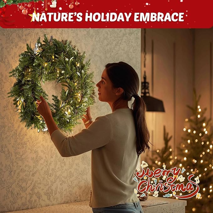 6FT Christmas Garland – Artificial Greenery Olive Garland with White Berries, Pinecones & 20 Warm LED Timer Lights – Holiday Garland for Home, Wedding, Party Decorations
