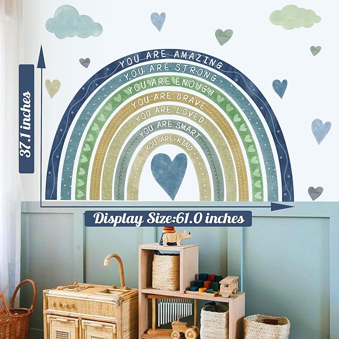 Watercolor Rainbow Wall Sticker Peel and Stick Kids Nursery Wall Decor Stickers Boho Blue Inspirational Walls Decals for Boys Bedroom You Are Decal Motivational Vinyl Art Murals for Baby Room Playroom