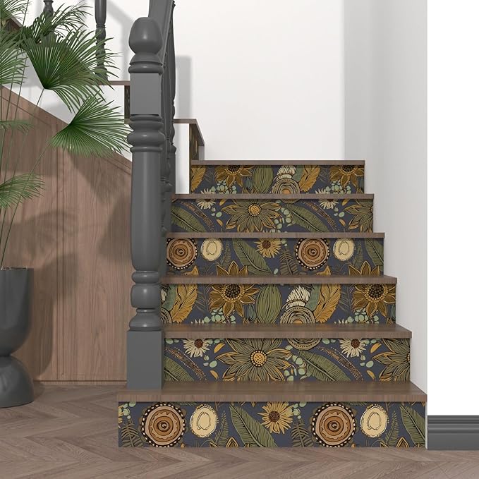 Boho Wallpaper Peel and Stick, Vintage Blue Yellow Floral Contact Paper 17.5" x 393", Botanical Flowers Antique Retro Absract Wall Paper Self Adhesive Removable Waterproof for Shelves Cabinet Table