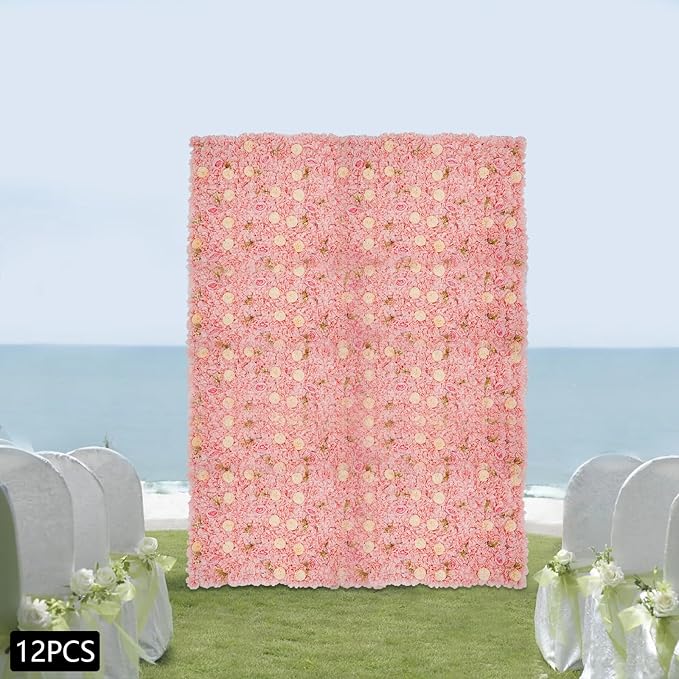 Eapmic 15"x 15" Artificial Flower Wall Panels,Flower Wall Mat Silk Flower Panels for Outdoor Garden Backyard Fence Fence Privacy Screen and Indoor Wall Decor(12Pcs Pink+Champagne)