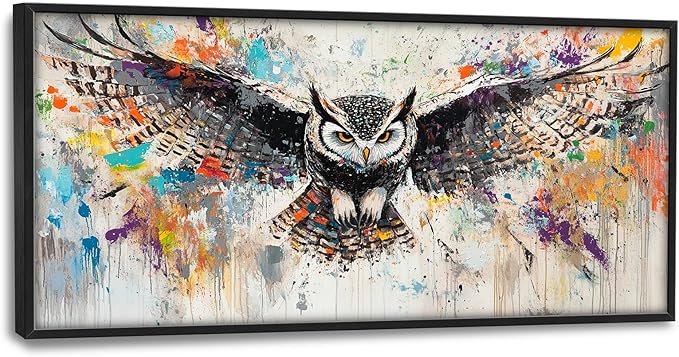 Large Banksy Owl Wall Art for Living Room, Framed Oversized Owl Wall Decor Wild Animal Canvas Painting Pictures Modern Artwork for Living Room Bathroom Bedroom Office Dining Room 60"x30"